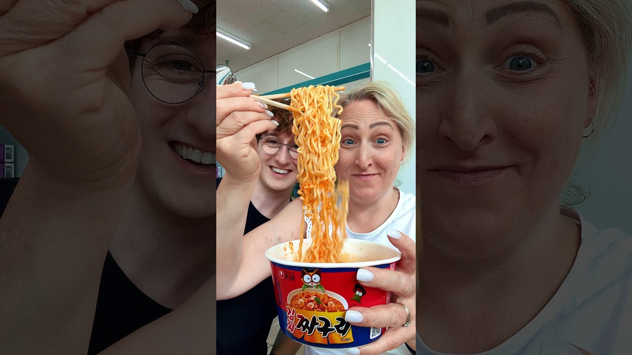 Teaching my mum how to eat food from a korean convenience store!