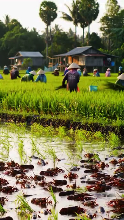 Peaceful and green rice field full of lobsters. #survival #fishing #primitiveplus #nature #farming