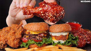 ASMR MUKBANG | BURGERS 🍔 FRIED CHICKEN 🍗 FRENCH FRIES 🍟 EATING 햄버거 양념치킨 감자튀김 소스 퐁당! 먹방