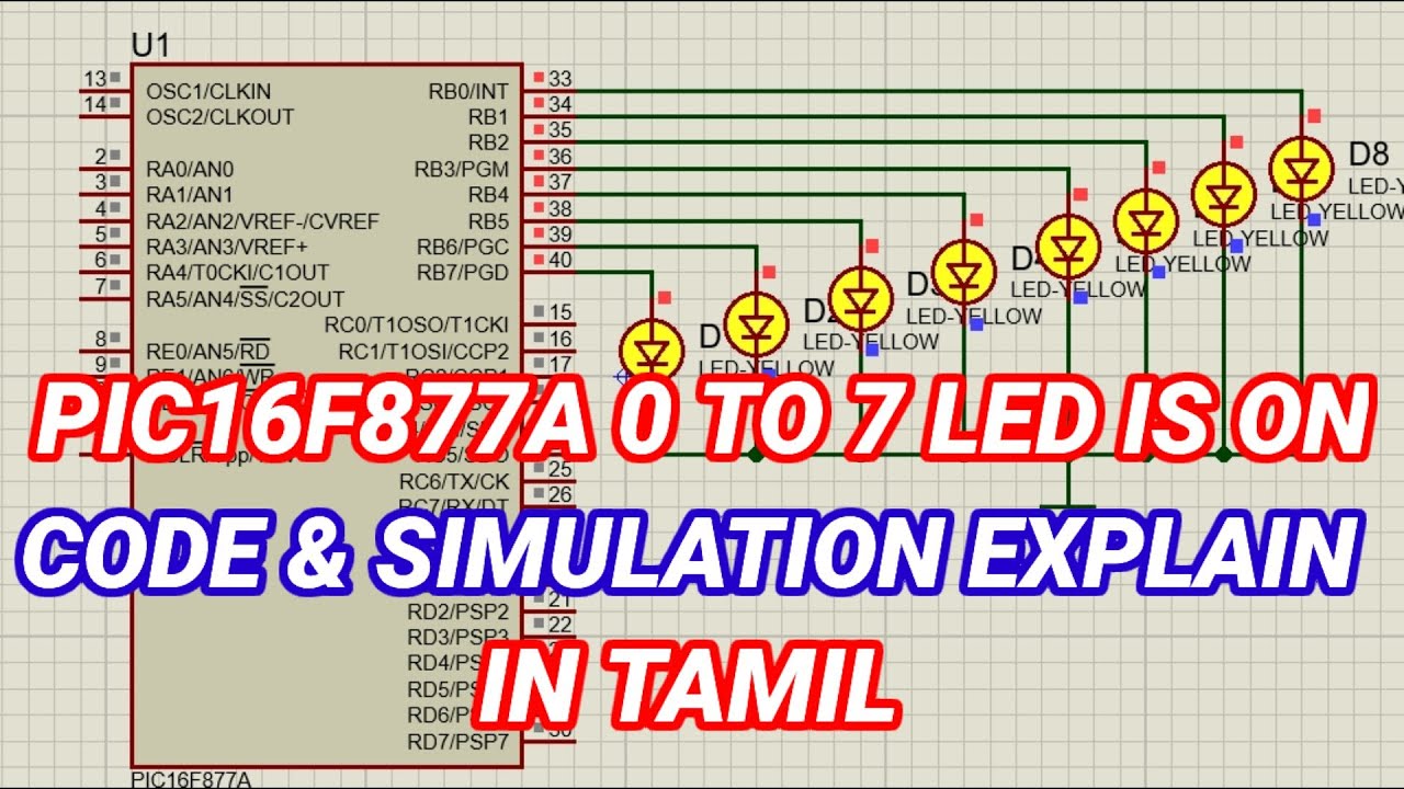 #1 PIC16F877A 0 TO 7 LED ON CODE AND SIMULATION EXPLAIN IN TAMIL - YouTube
