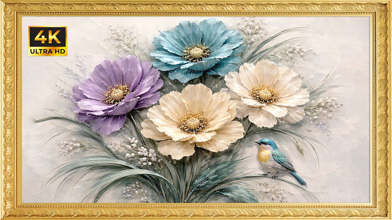 Luxurious Peonies & Blue Bird in Gold Frame | 4K Textured TV Art