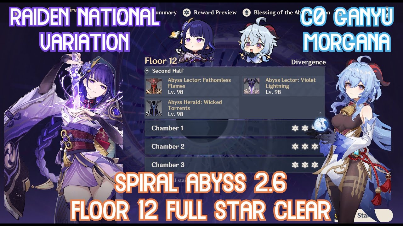 【GI】Spiral Abyss 2.6 Floor 12 - Raiden National Variation & Morgana Full Star Clear!