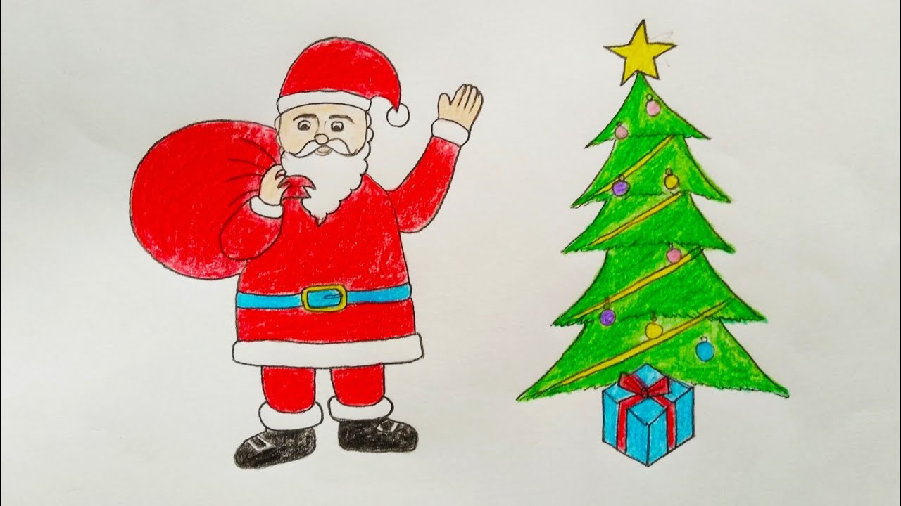 How to Draw Santa Claus with Christmas tree Very easy step by step ...