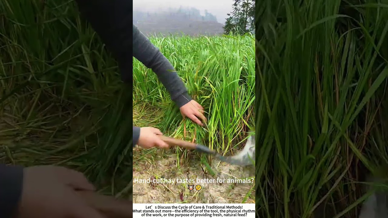 Harvesting by Hand: Cutting Fodder Grass with a Sickle 🌾✂️