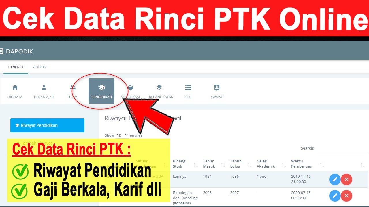 Cara Mengecek Data Rinci PTK Riwayat Pendidikan Formal, Riwayat Gaji