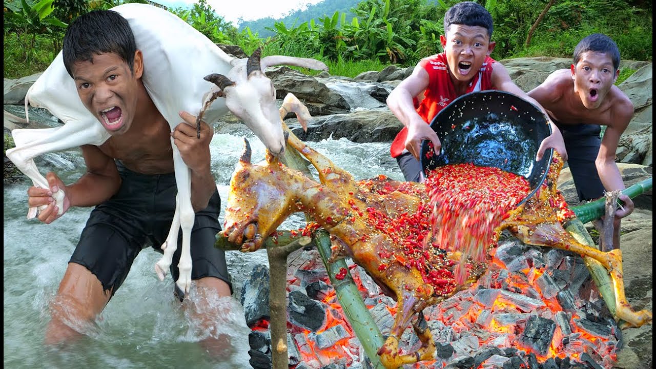 ⁣Cooking in jungle, meet the goat at waterfall | Primitive technology