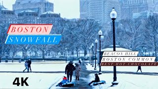 Snowfall in Boston | Boston Common, Beacon hill in winter | Walking tour | Relaxing piano | 4k 60fps