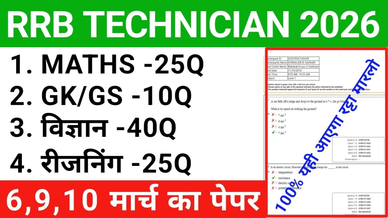 RRB Technician 6 March Ka Question Paper | RRB Technician 6 March Full Question Paper 2026