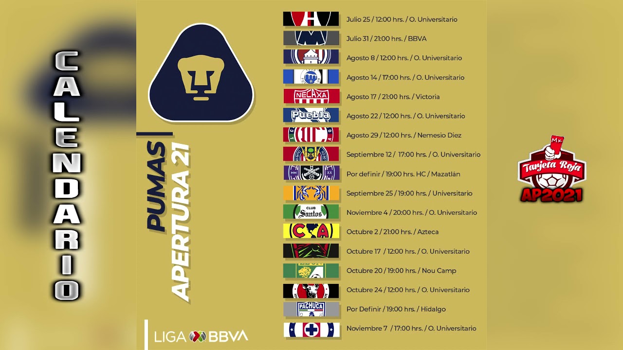 aritmética actualizar beneficioso Calendario Pumas Apertura 2021: Fechas y horarios para ver en vivo todos los  partidos del torneo - YouTube