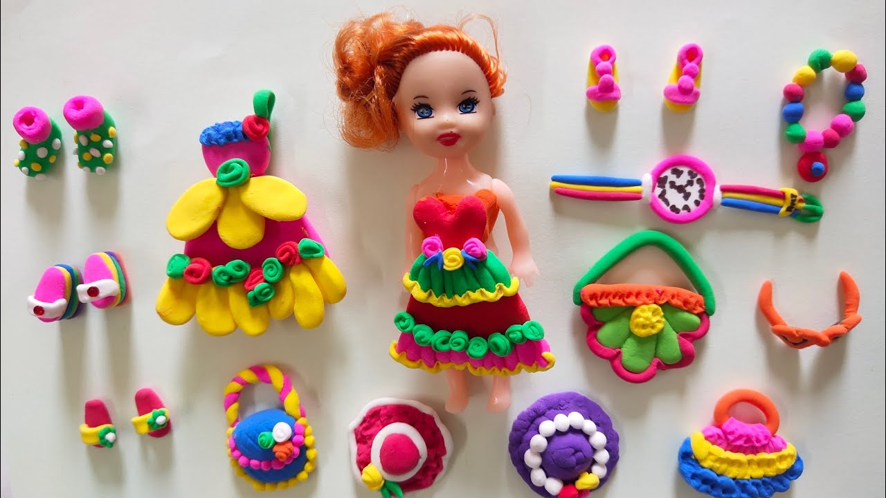 DIY How to Make miniature Polymer Clay Barbie Dress , Makeup, Shoes l clay se pink Barbie bnaye