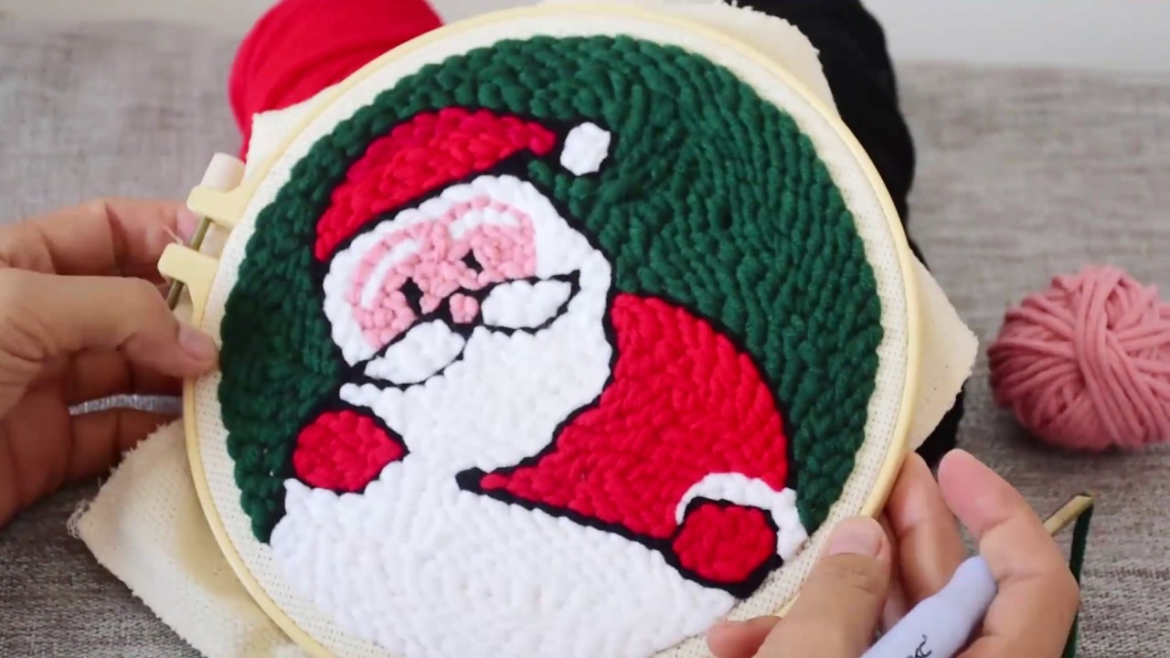 Christmas Santa Claus DIY Knitting Wool Rug Hooking Punch Needle Embroidery Kit for Beginner
