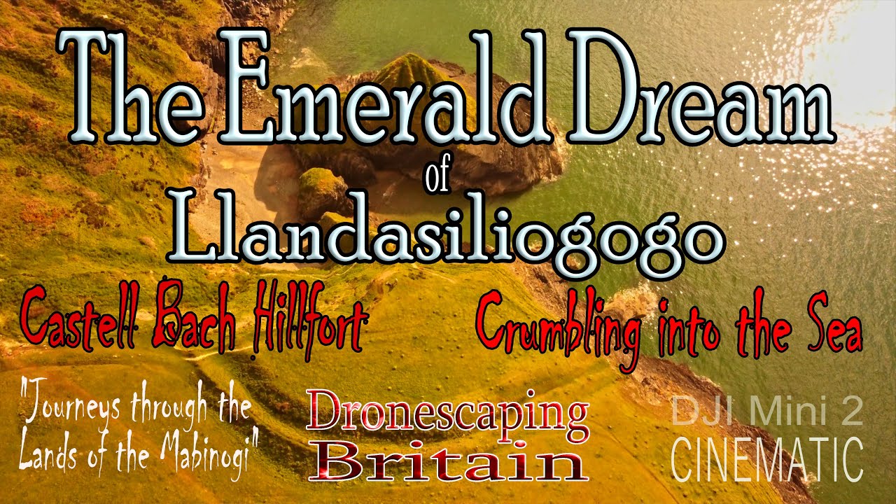 Scenic flight over Crumbling Hillfort Castell Bach & the stunning dramatic emerald Ceredigion coast