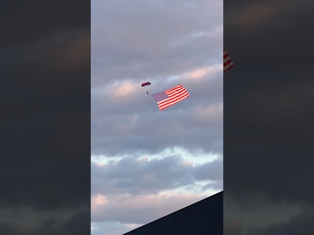 USA National Anthem flag jump Misty Blues skydiver - Oshkosh airshow #usa #patriotic #nationalanthem