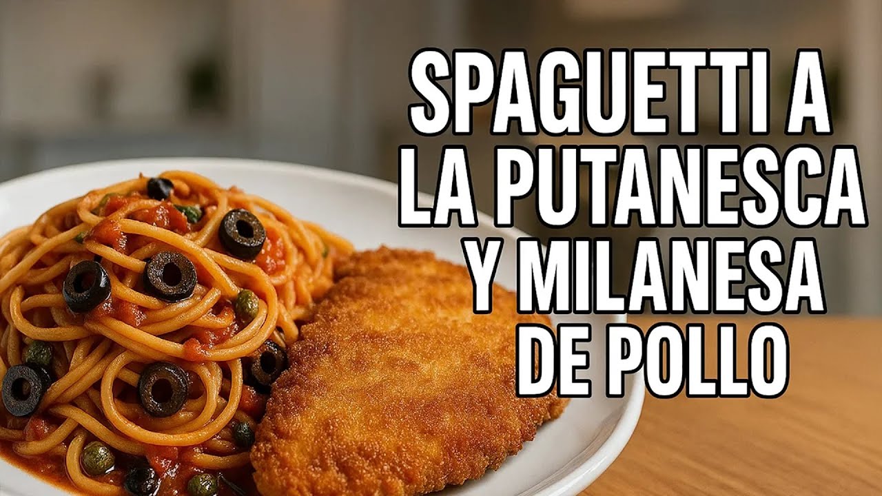SPAGUETTI A LA PUTANESCA Y MILANESA DE POLLO