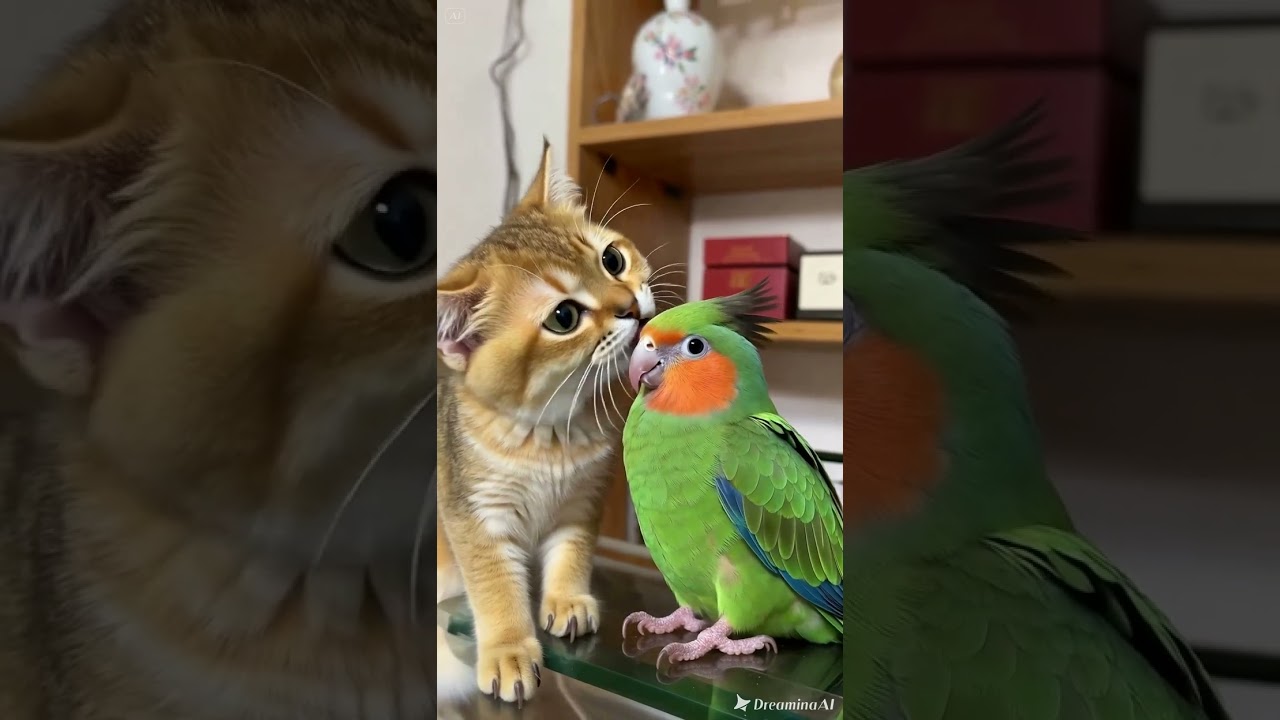 Kitten gently licking parrot’s head, par 