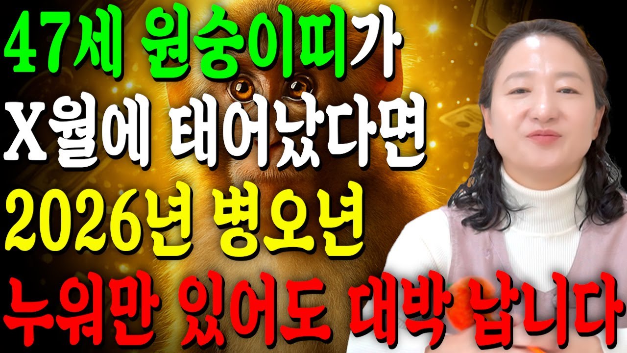 원숭이띠 고생했다..!! 2026년 1980년생 47세 원숭이띠운세 X월 인생을 바꿀 대운 찾아온다!! 수백억 돈벼락 맞고 초대박나는 80년생 47세 원숭이띠  병오년 신년운세!