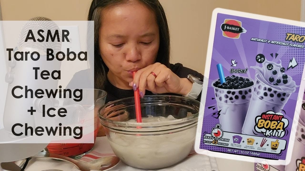 Ice Chewing + Boba Tea Chewing. J Basket Instant Milk Boba Tea, Taro