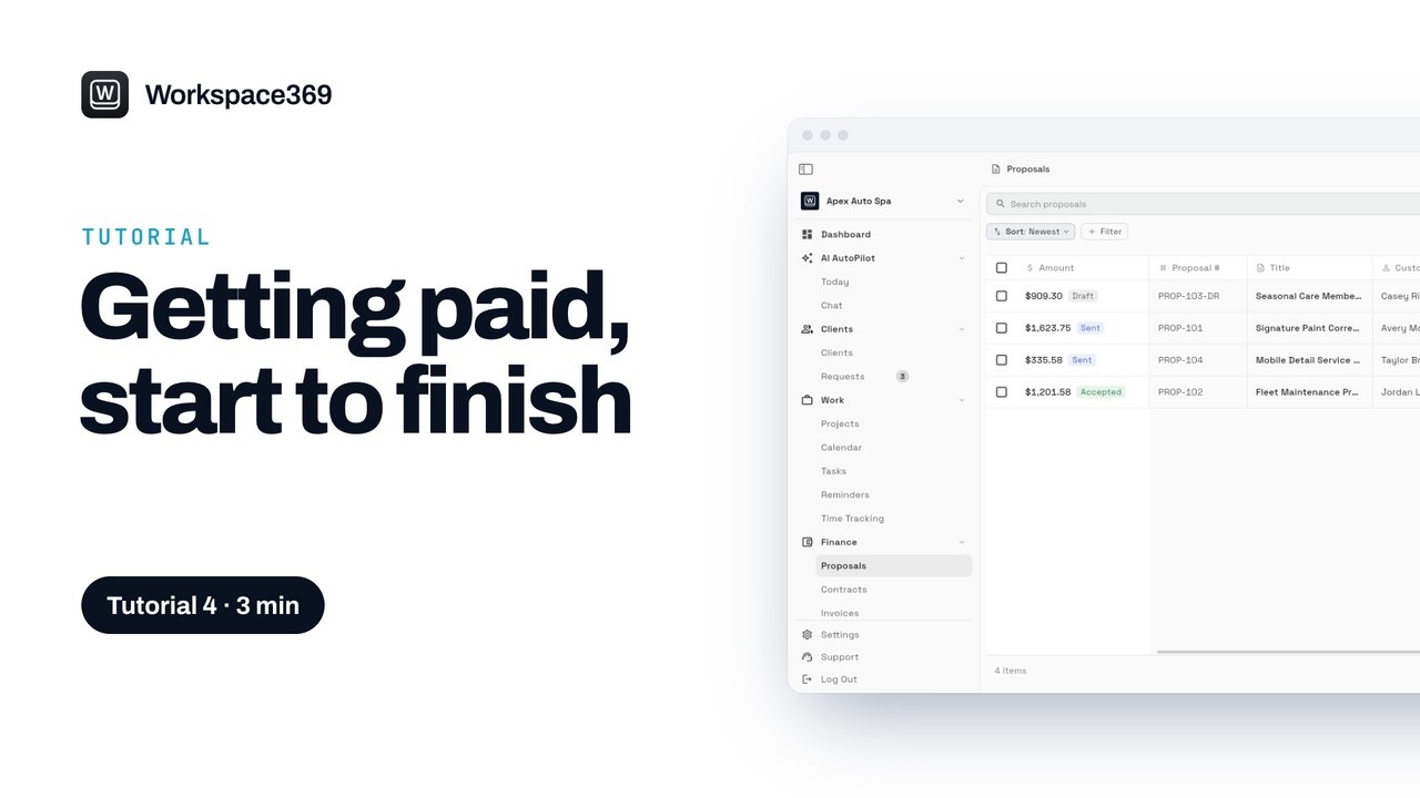 Video tutorial thumbnail: From proposal to paid in Workspace369