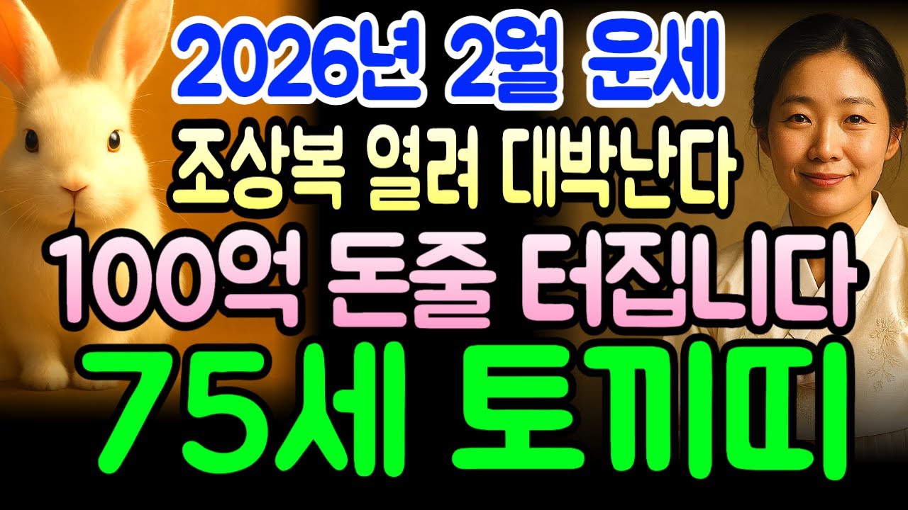 1951년생 신묘년생 토끼띠 75세 운세, 2026년 병오년 2월 돈복 장난아니다! 재물운 최고조 찍고 큰손 되는 흐름, 토끼띠 억대 행운 잡는 골든타임 공개합니다.