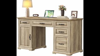 Marsail 60″ Farmhouse Executive Desk, Home Office Desk with Storage Cabinet, Charging