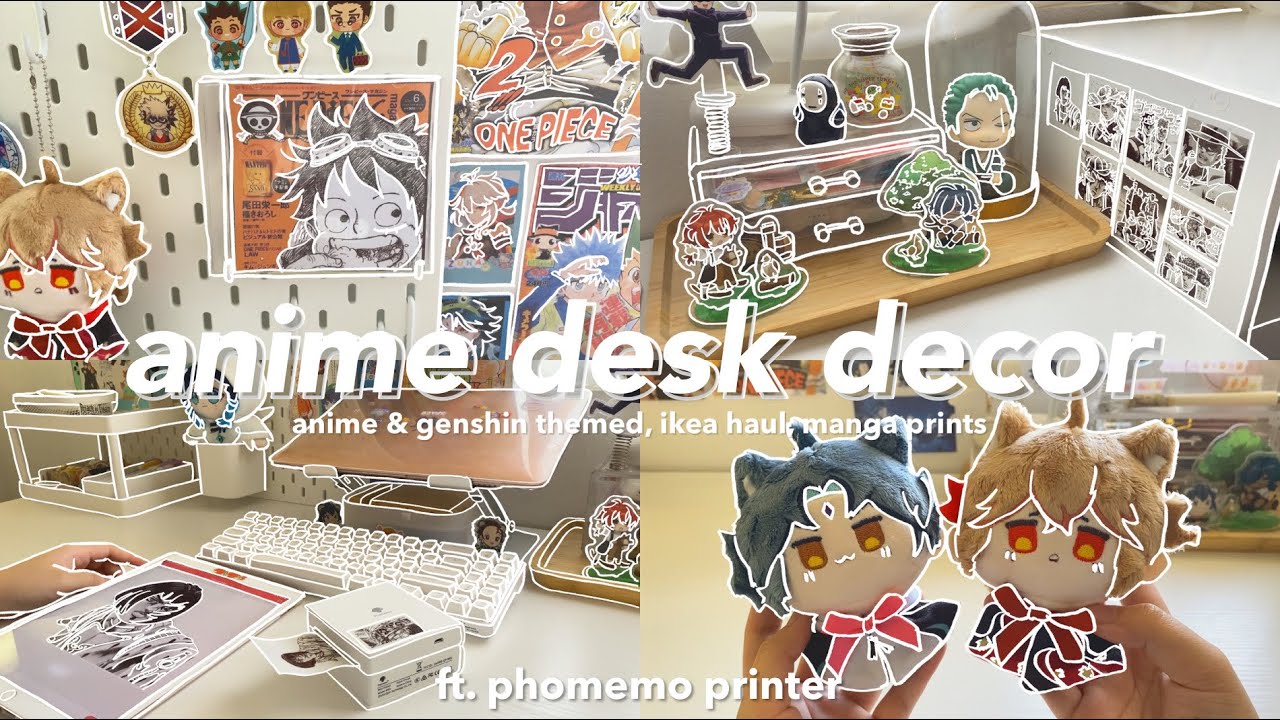 💌 anime desk makeover : aesthetic & genshin themed, ikea haul, manga  prints ft. phomemo printer 🍄 