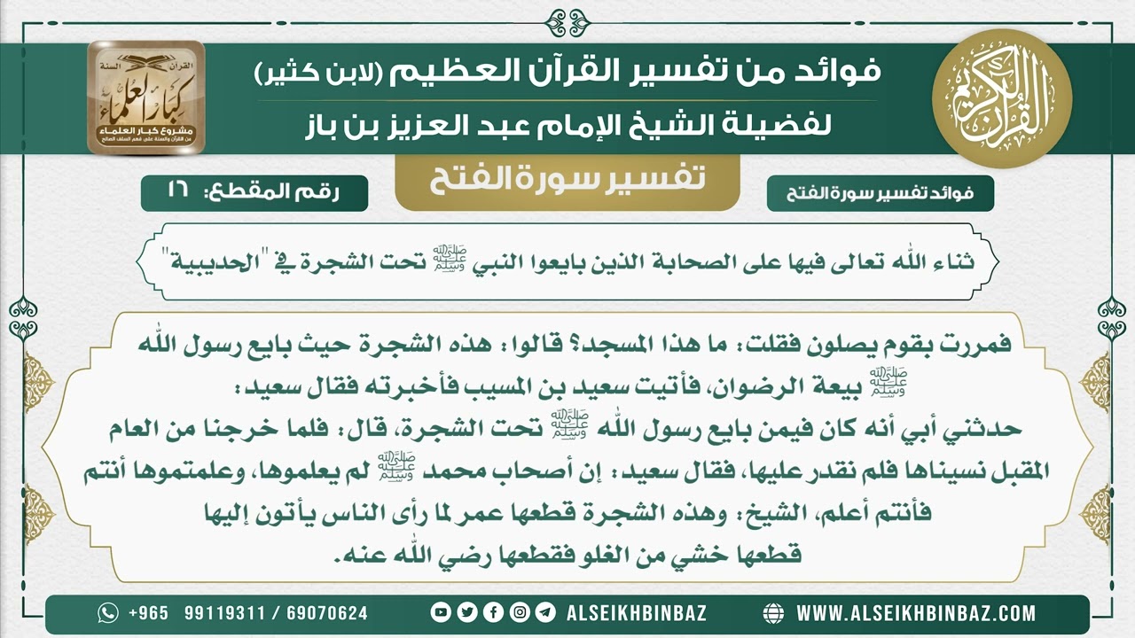 16 - ثناء الله تعالى فيها على الصحابة الذين بايعوا النبي ﷺ تحت الشجرة في الحديبية - نور على الدرب