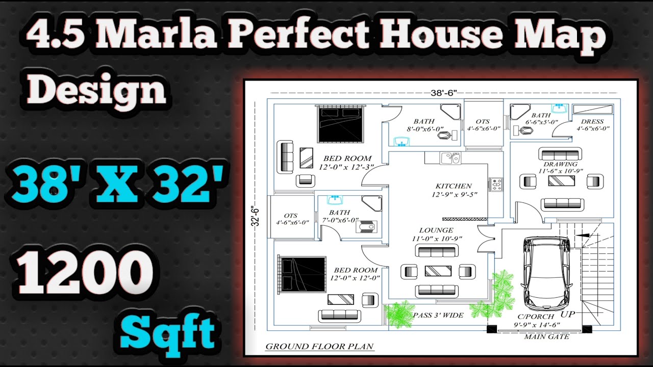 4.5 Marla Modern House Map Design | 38 x 32 House Plan | 1200 sqft | 2Bhk | Pak Royal Architecture
