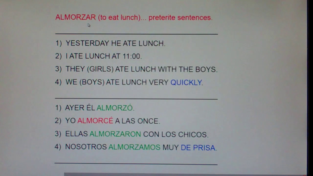 Almorzar To Eat Lunch Preterite Sents Yesterday He Ate Lunch Youtube