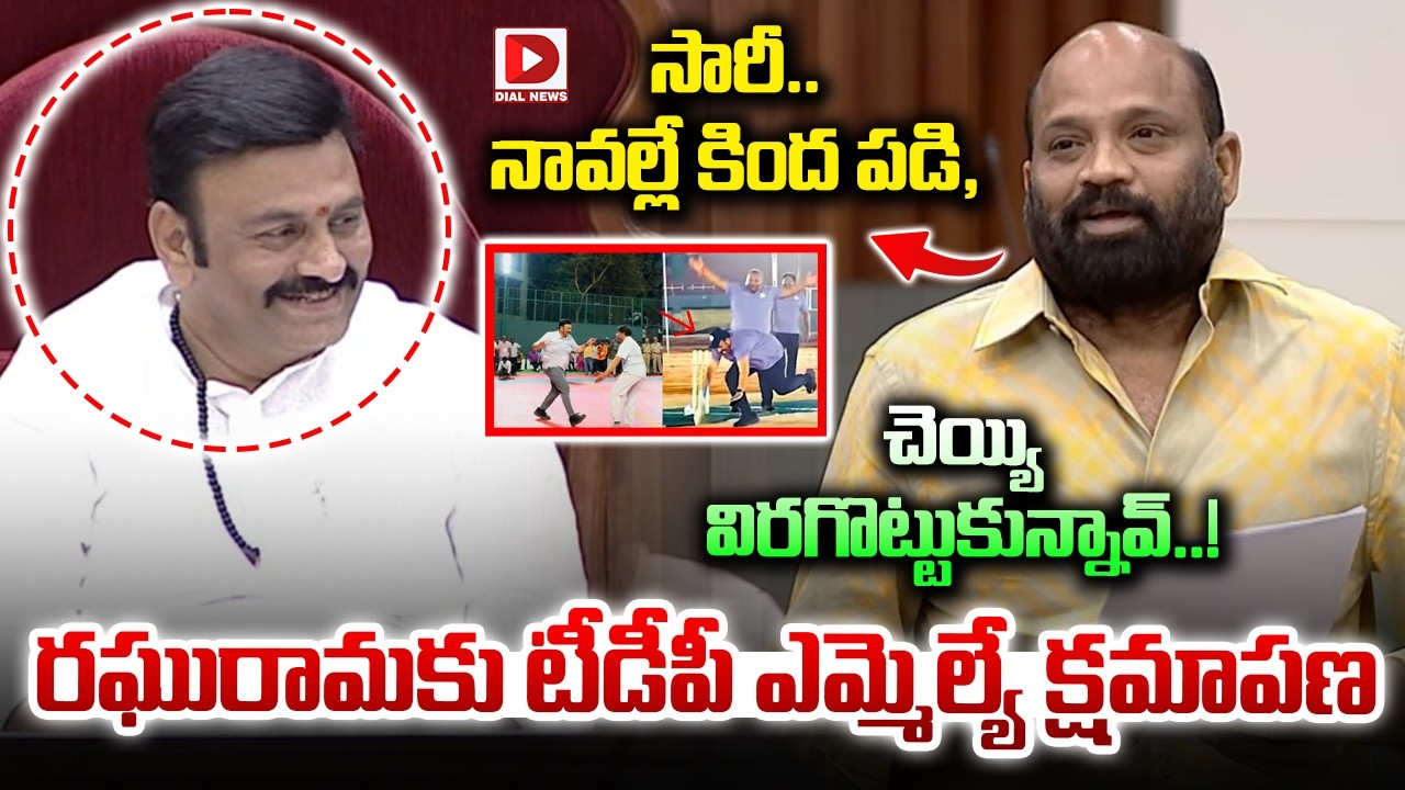 సారీ.. నా వల్లే కింద పడి,  చెయ్యి విరగొట్టుకున్నావ్..! TDP MLA Apologize to Raghurama | Dial News