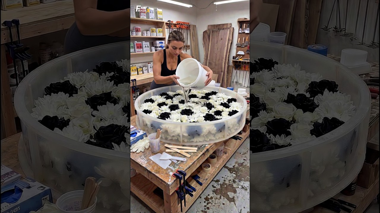 Crystal Clear Epoxy Table with Black & White Roses – Luxury Design