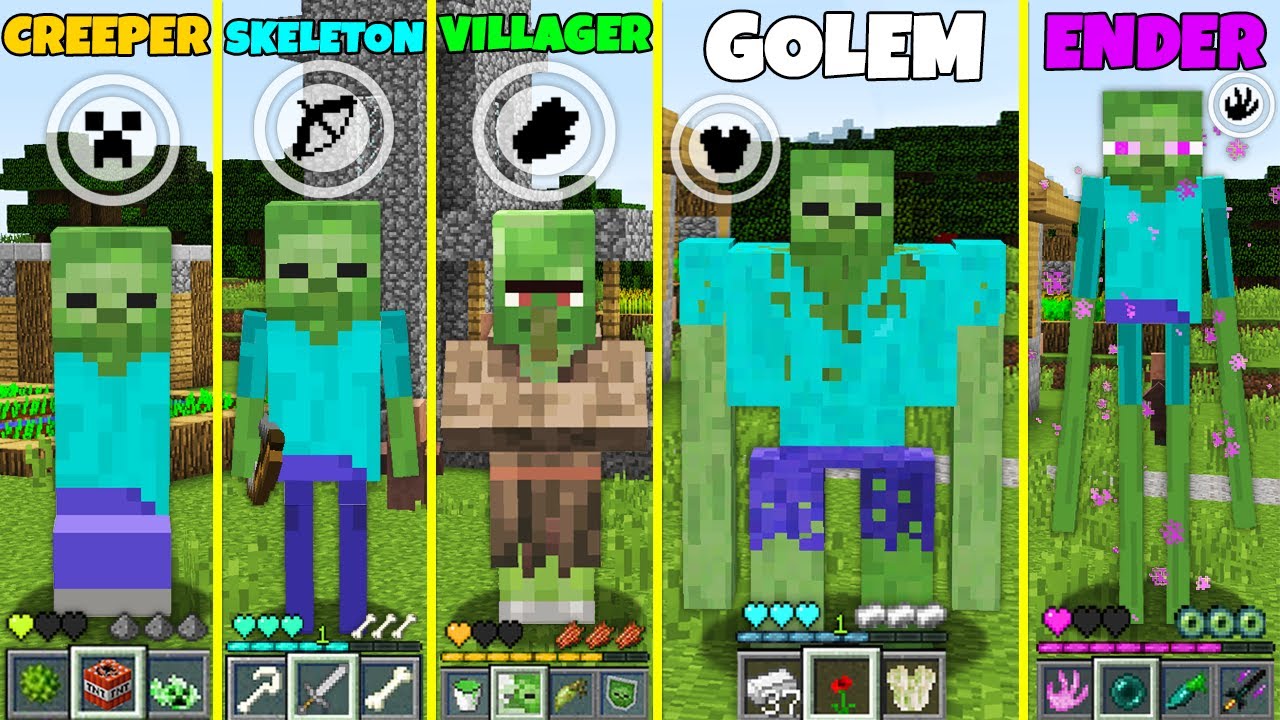 Minecraft HOW to play ZOMBIE MOBS : ENDERMAN GOLEM VILLAGER CREEPER ...