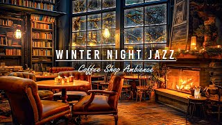 Snow Night on Window at Bookstore Coffee Shop with Relaxing Piano Jazz Music and Crackling Fireplace