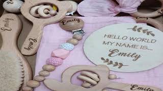 Baby Gift Box 8pcs with Personalized Name, Natural Wood Teether Rattle Set, Custom Ba
