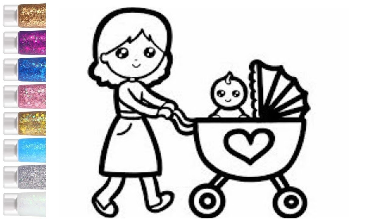How To Draw Baby Stroller and Mother & Coloring For Kids & Toddlers | Let's Draw Together