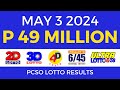 Lotto result today 9pm may 3 2024  complete details