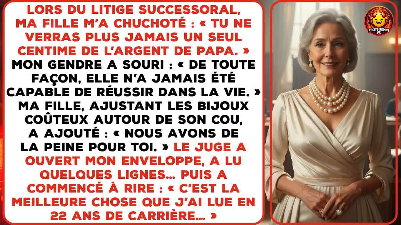 « Tu ne verras plus jamais un seul centime de l’argent de papa. » C’est ce que ma fille m’a chuchoté à l’audience, pendant que mon gendre souriait, sûr de lui. Il y a deux ans, après la mort de...