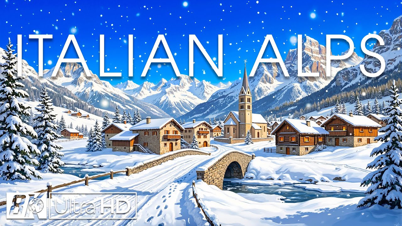 Зима в итальянских Альпах 8K | Заснеженные вершины, альпийские деревни и живописные зимние пейзажи