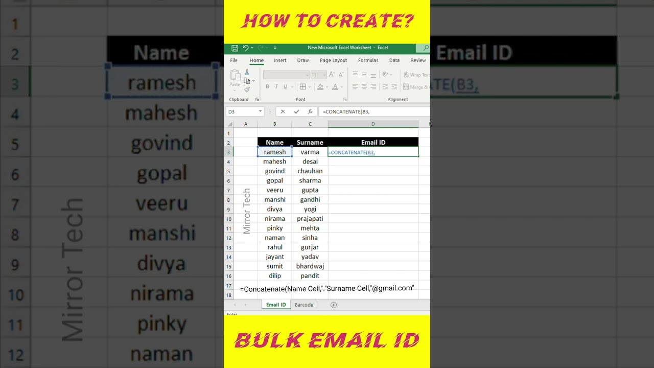 How to Create Bulk E-Mail IDs in Excel || Use of Concatenate Formula || Smart Work || Mirror Tech ||