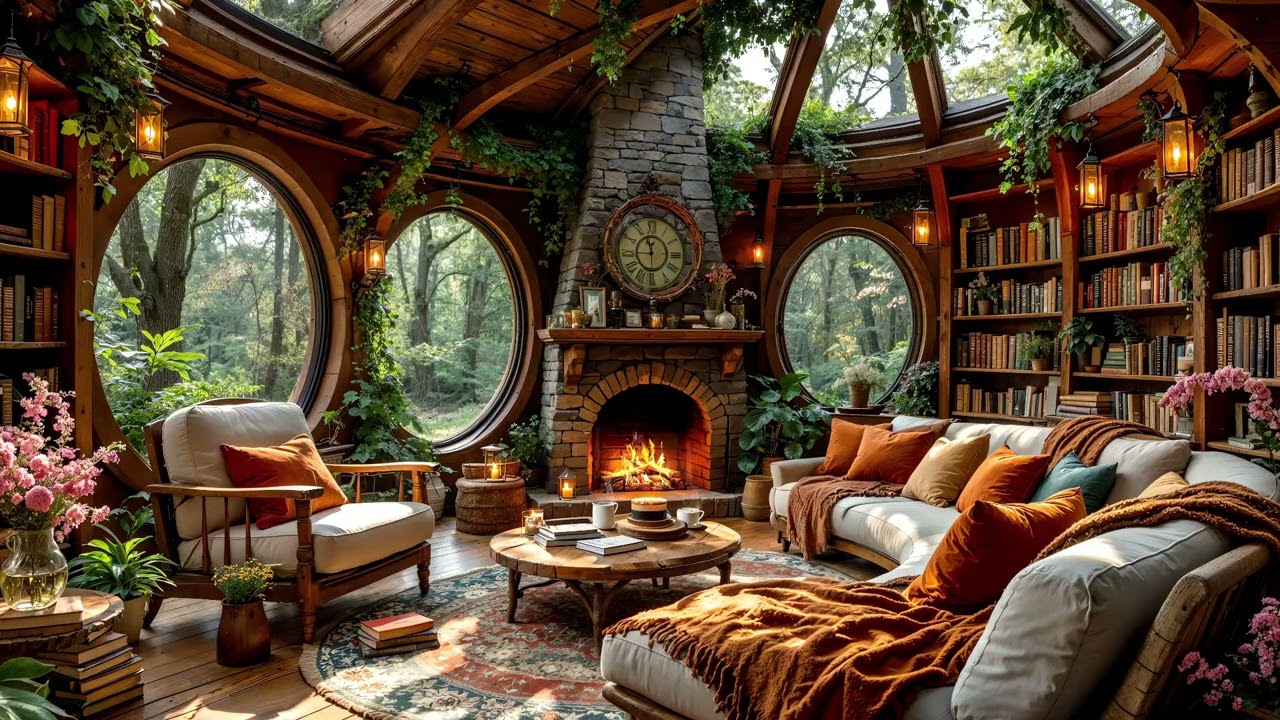 Evening by the Fireplace in Spring 🌸 | Forest View Ambience for Calm & Serenity