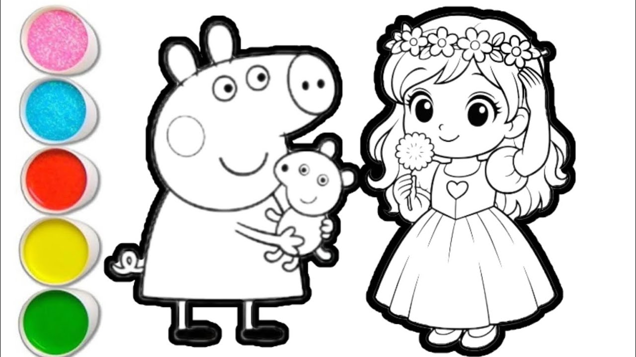 Drawing Princess Papi Peppa pig with princess drawing and coloring for kids and toddlers ...