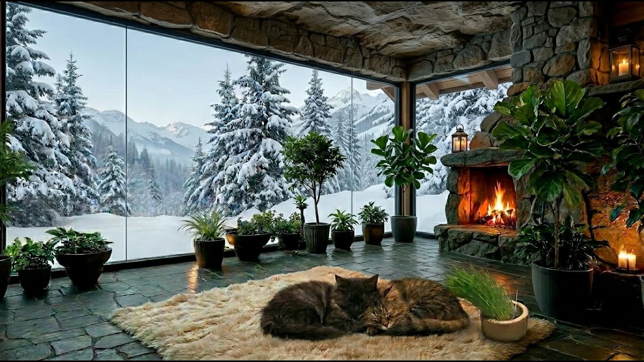 Fall Asleep Instantly in a Cozy Snowy Cabin ❄️ Fireplace, Relaxing Music & Sleeping Cats (8 Hours)