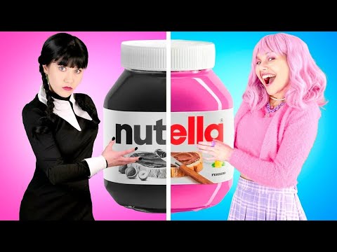 PINK VS BLACK Food Challenge - Wednesday VS Enid Eating Only 1 Color Snacks Challenge