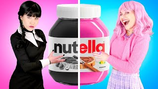 pink vs black food challenge - wednesday vs enid eating only 1 color snacks challenge