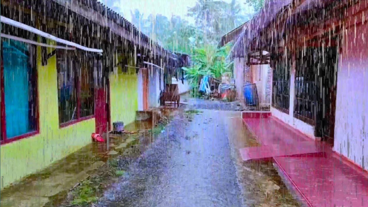 Walking in Heavy Rain | Heavy Rain in a Quiet Village, Sound of Rain in ...