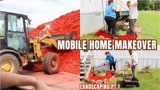 *NEW* MOBILE HOME MAKEOVER // mulching flower beds on a budget // 2024 FRONT & BACKYARD UPDATES PT 1