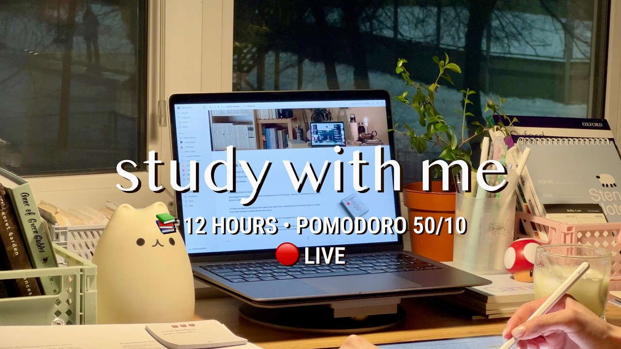 LIVE • 12 HR STUDY WITH ME | Pomodoro 50/10🔥 Cozy Fireplace, Deep Focus