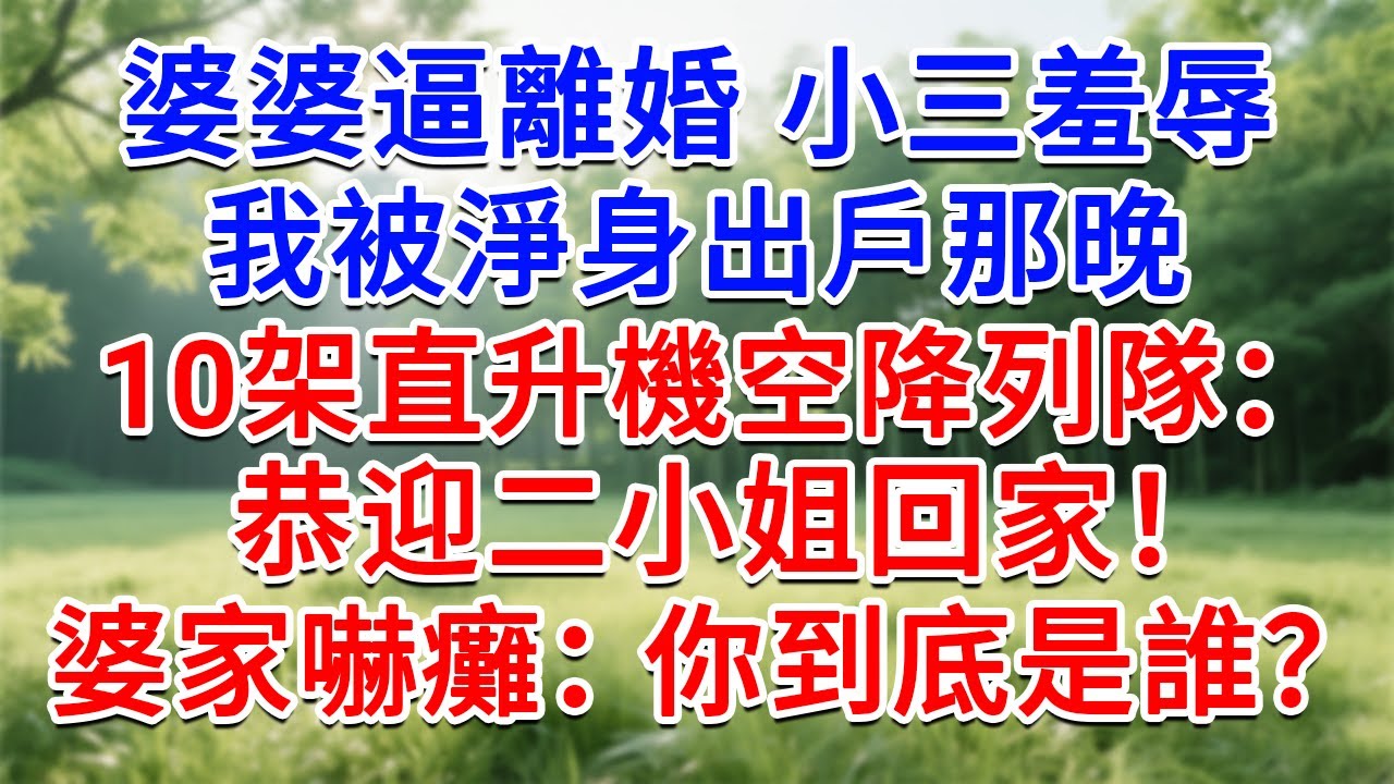 婆婆逼離婚 小三羞辱 ，我被淨身出戶那晚，10架直升機空降列隊：恭迎二小姐回家！婆家嚇癱：你到底是誰？#為人處世#生活經驗#情感故事#故事#小說#戀愛#情感#婚姻