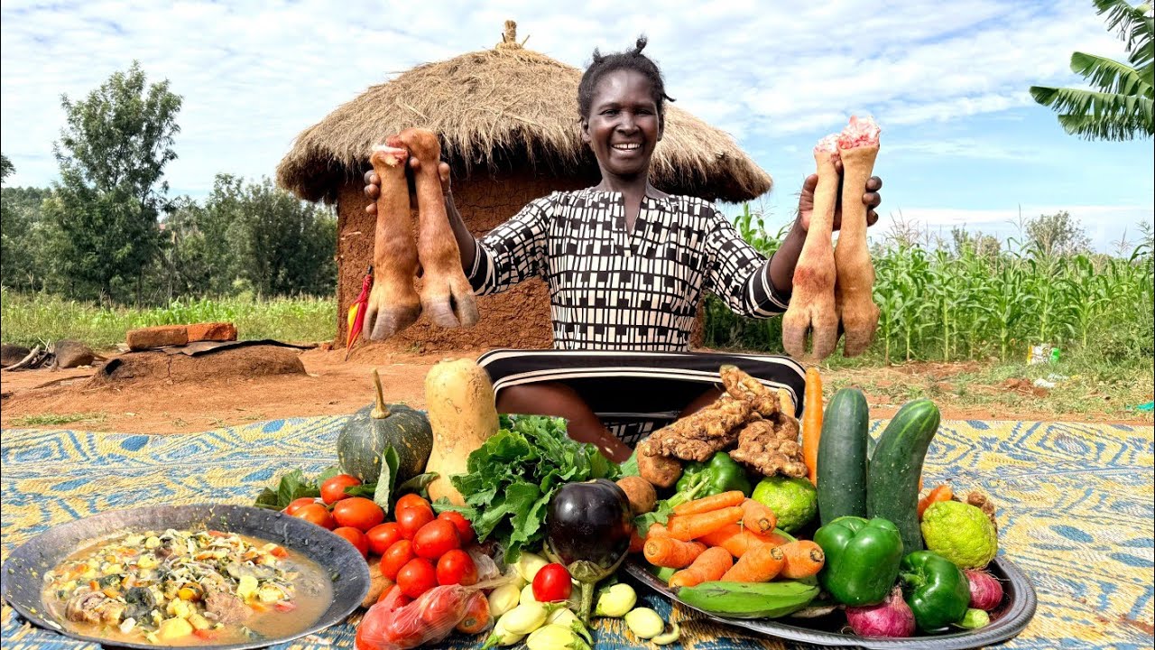 African Village Mum Cooks Colourful Vegetable Bone Soup | Fresh Garden Veggies & Healthy Family Meal