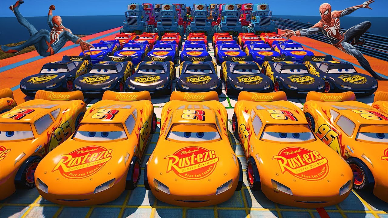 GTA 5 SPIDERMAN Cars Challenge Lightning & Monster McQueen Jackson Storm Miss Fritter & Friends Cars