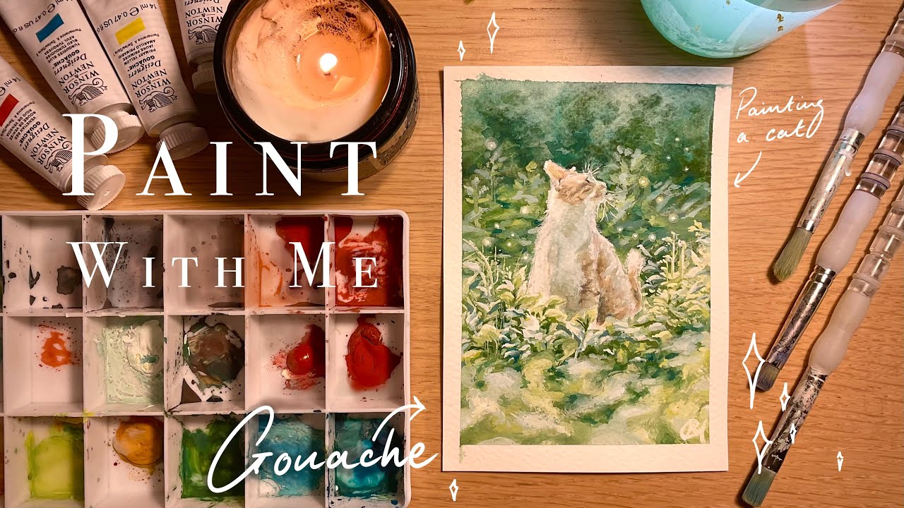 Relaxing Paint With Me GOUACHE Cozy Cat Surrounded by Fireflies